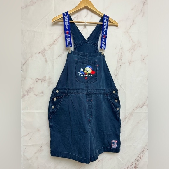 VTG Warner Bros Looney Tunes Tweety Bird Denim Shortalls - B46 - Picture 1 of 5